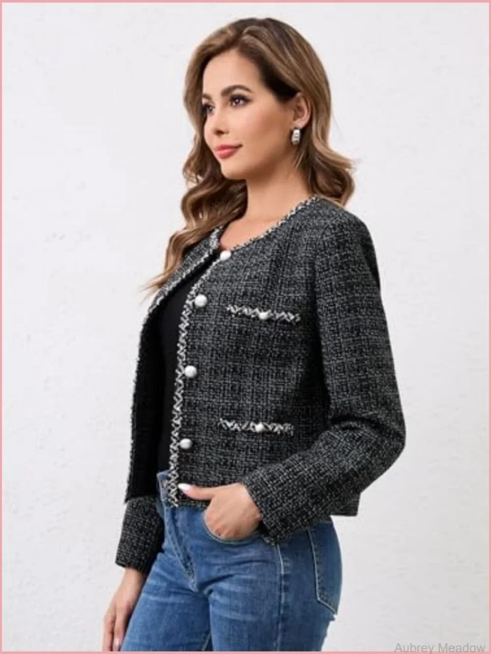 Cropped Tweed Blazer Jacket Long Sleeve with Pockets Crewneck Collarless Open